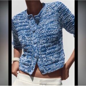 zara women Royal‎ Blue/white Cropped Button Sweater
